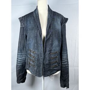 VTG Puff Shoulder‎ Denim Blazer Jacket Womens XL Blue Moto Festival Boho Goth